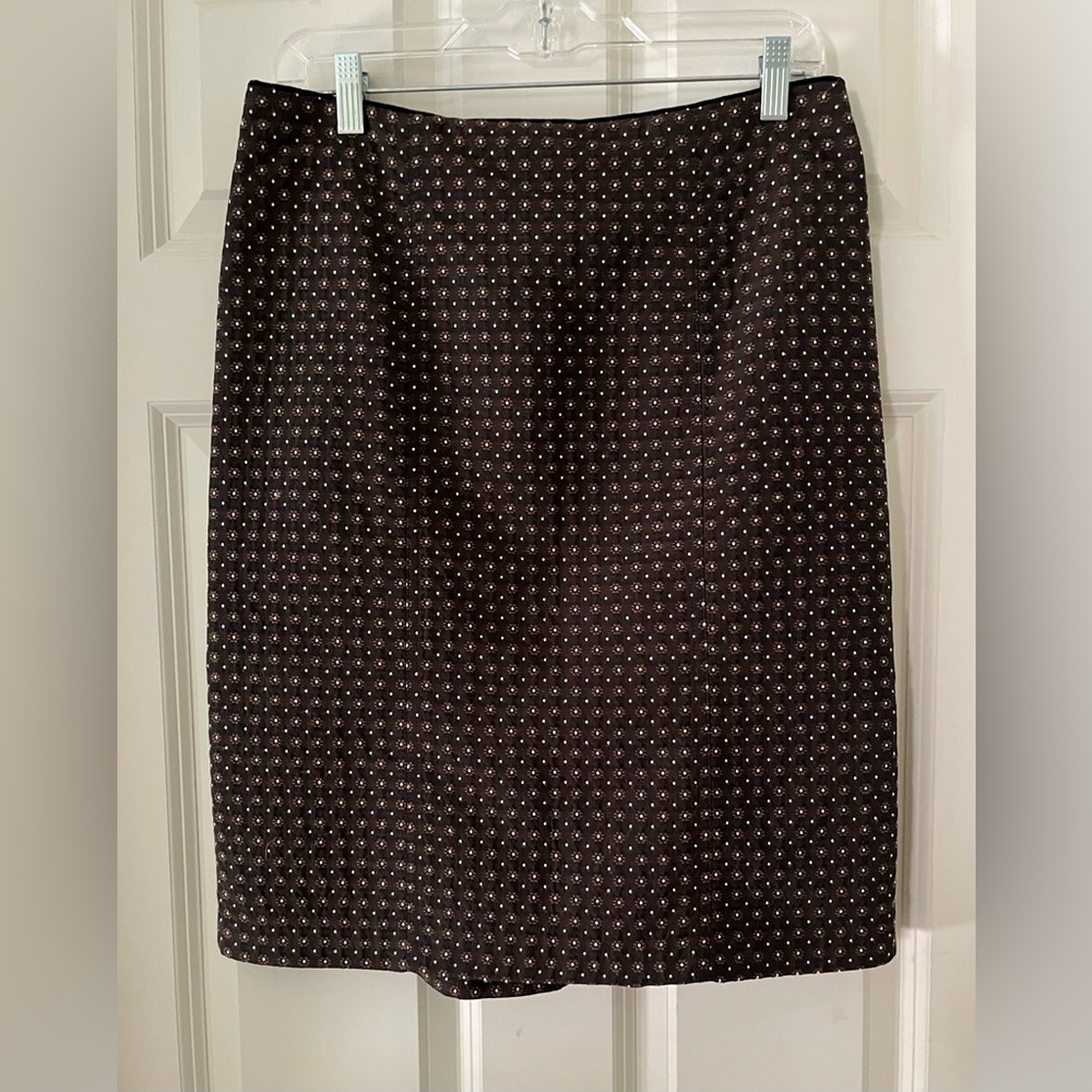Nanette Lepore Pencil Skirt Brown Floral Polka Dot Back Bow Accent size 6